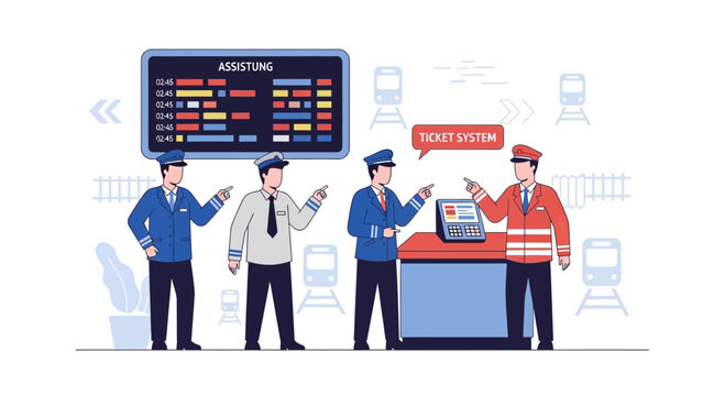Train Station Staff Assist Passengers with Ticket System and Schedule Board