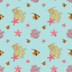 Seamless pattern with corals, fish and starfish © Mariia