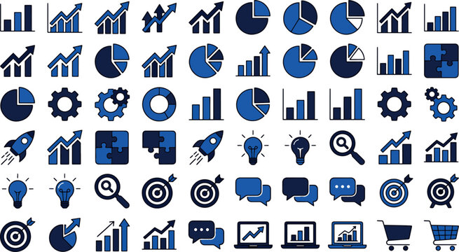 Business analytics financial data growth charts marketing strategy development startup rocket ideas solution management puzzle pieces gear icons vector illustration