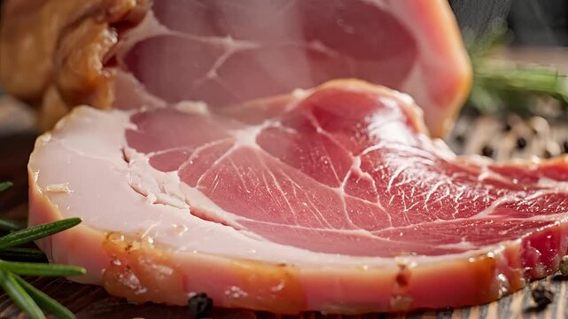 Closeup of a delicious slice of cured ham with rosemary and peppercorns.