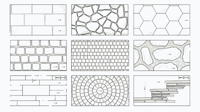 Architectural Landscape Paving Textures and Stone Wall Hatch Patterns Set with Cobblestone Pathway and Flagstone Elevation Sketches