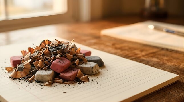 Pile of pencil shavings and erasers on lined notebook paper on desk