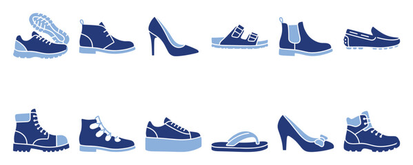 Obraz premium Set of footwear icons. Shoes, boots, sandals, sneakers, heels, loafers, flipflops, clothing accessory symbols. Casual, formal, sports wear collection.