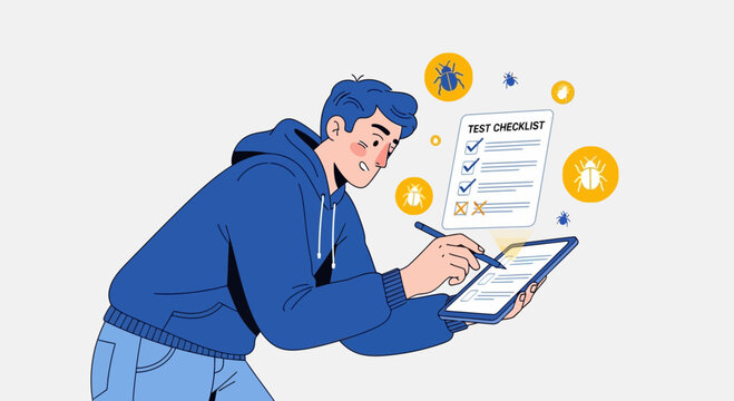 Programmer debugging software, checking test checklist and tablet with bugs