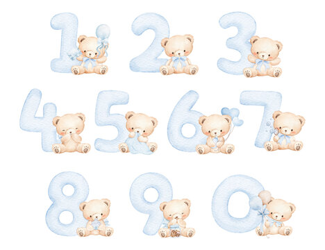 Watercolor Illustration Set of Number and Baby Teddy Bears for Milestone Card and Invitation for Boy