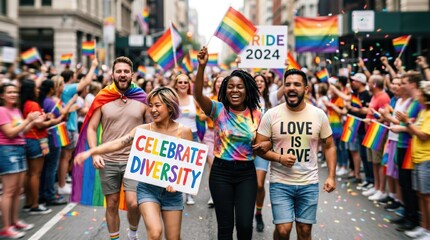 Obraz premium Diverse Group of Young Adults Marching in Pride Parade Celebrating LGBTQ Rights and Equality with Rainbow Flags and Joyful Expressions in Urban Street Setting