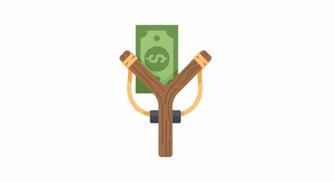 Illustration of slingshot launching folded cash bills.