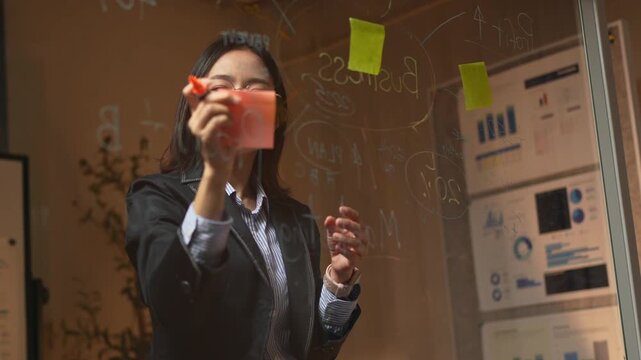 Asian businesswoman writing on glass board during meeting
