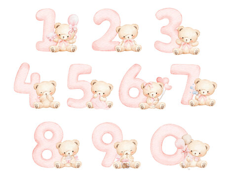 Watercolor Illustration Set of Number and Baby Teddy Bears for Milestone Card and Invitation for Girl