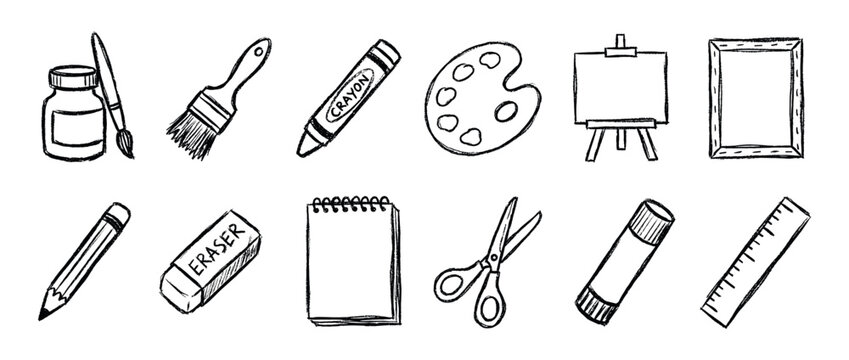 Art and craft tools icons set. Creative supplies icon. Paintbrush, palette, easel, canvas. Pencil, eraser, notebook, scissors, glue, ruler. Hand-drawn doodle style