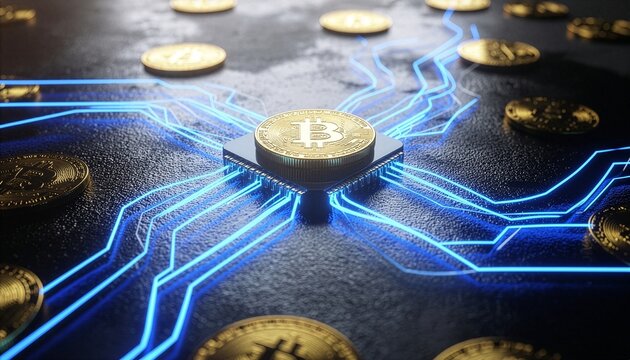 A close-up shot of a Bitcoin cryptocurrency mining rig, with glowing blue lines representing the flow of data and energy. The Bitcoin symbol is prominently displayed in the center.