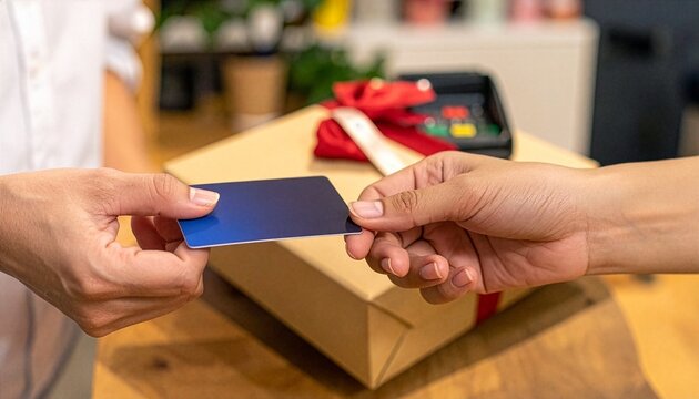 A close-up shot of hands exchanging a credit card for a gift-wrapped package at a counter. The scene depicts a transaction involving purchase and gifting.