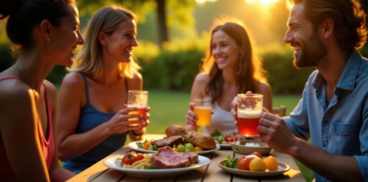 Outdoor barbecue, friends enjoying food and drinks, patio, pals