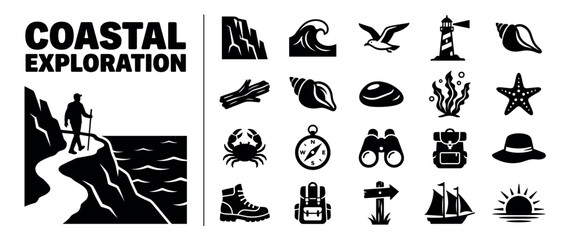 Obraz premium Coastal exploration icons set. Hiking, marine life, and travel symbols. Lighthouse, seashell, crab, starfish, compass, backpack, sailboat. Solid black silhouette style