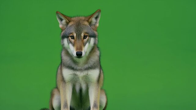 A young wolf or coyote-like animal with brown and grey fur sits calmly in front of a green screen, looking directly at the viewer.
