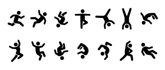 Obraz premium Human action icons set. People in various dynamic poses. Running, falling, jumping, handstand, somersault, stretching. Solid black silhouette style