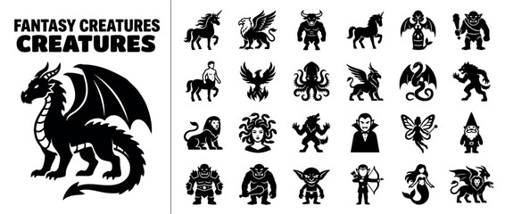 Obraz premium Fantasy creatures icons set. Mythical beasts and monsters icon. Dragon, unicorn, griffin, minotaur, centaur, phoenix, kraken, werewolf, vampire, mermaid, fairy, gnome, goblin, ogre, chimera