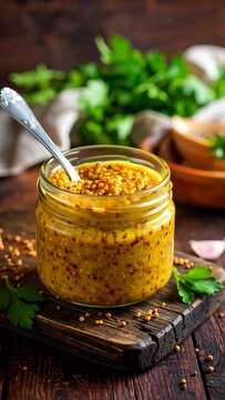 Homemade mustard sauce in glass jar.