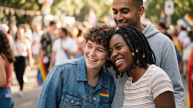 Diverse young friends celebrating LGBTQ pride parade together, smiling happy multiethnic group of young adults enjoying inclusive community festival event outdoors