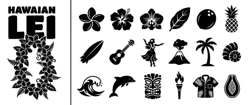 Hawaiian culture icons set. Tropical symbols and elements. Flowers, pineapple, coconut, surfboard, ukulele, hula dancer, volcano, palm tree, shell, wave, dolphin, tiki mask, torch, aloha