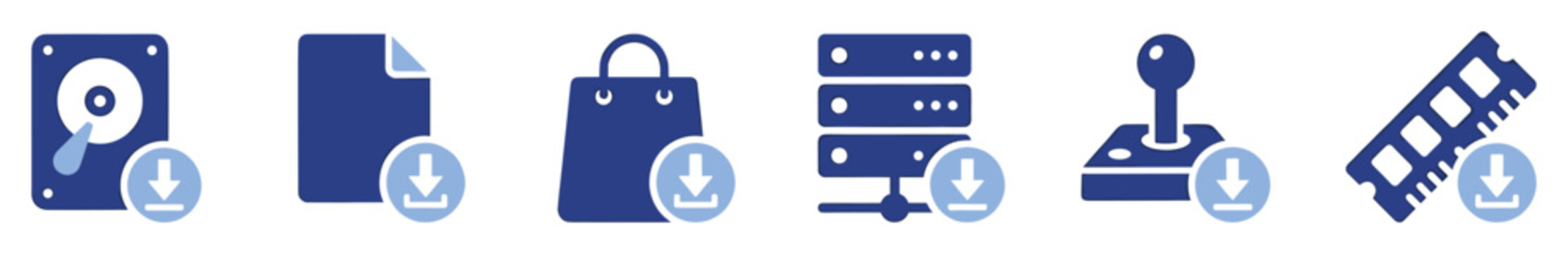 Set of download icons. Digital data, files, hard drive, server, shopping, joystick, RAM memory, computing hardware symbols.