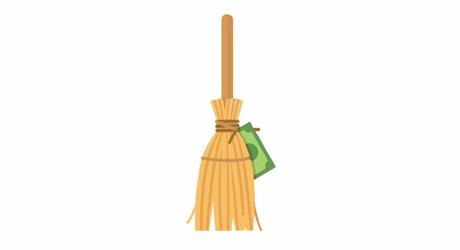 Classic wooden broom with straw bristles and green cloth.