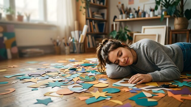 Young woman sleeping on the floor surrounded by paper craft projects in studio