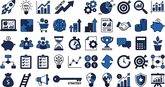 Business development strategy icons set including financial growth marketing analysis data management puzzle planning corporate success and teamwork concepts vector illustration