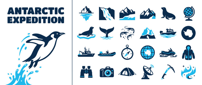 Antarctic expedition icons set. Arctic adventure symbols. Penguin, iceberg, whale tail, seal, mountains. Snowmobile, boat, compass, globe, camera, tent. Flat and solid style