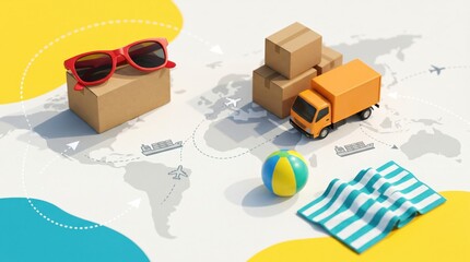 Naklejka premium Global Vacation Shipping Logistics Concept with Delivery Truck and Beach Accessories on World Map Background for Travel and E-commerce Business