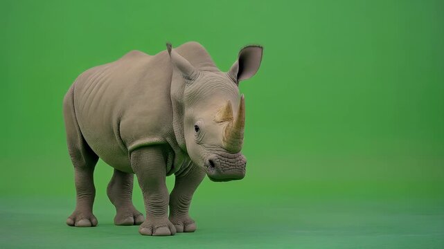 A young rhinoceros stands facing forward against a vibrant green screen, ready for digital compositing.