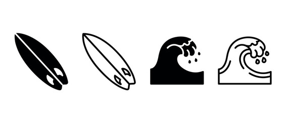 Fototapeta premium Surfboard and wave icons set. Surfing board and ocean wave. Summer sport symbol. Water activity sign. Flat and line style