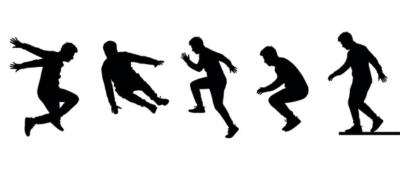 Naklejka premium Parkour action icons set. Man jumping, running, landing. Dynamic movement silhouette. Active lifestyle, extreme sport. Solid black silhouette style