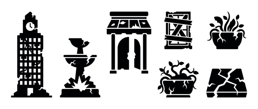 Ruined city icons set. Destroyed buildings and objects. Broken clock tower. Damaged fountain. Boarded window. Cracked plant pot. Solid black silhouette style