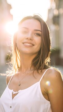 Smiling young woman in sunlight portrait.