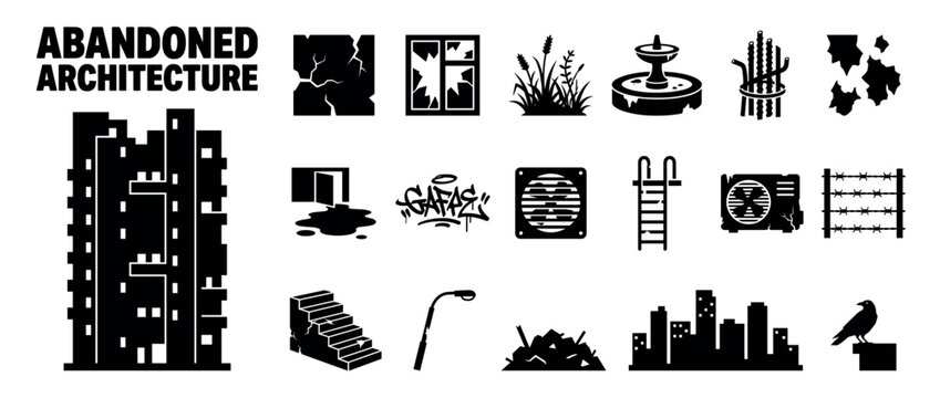 Abandoned architecture icons set. Urban decay symbols. Broken window icon. Graffiti, rubble, barbed wire. Solid black silhouette style