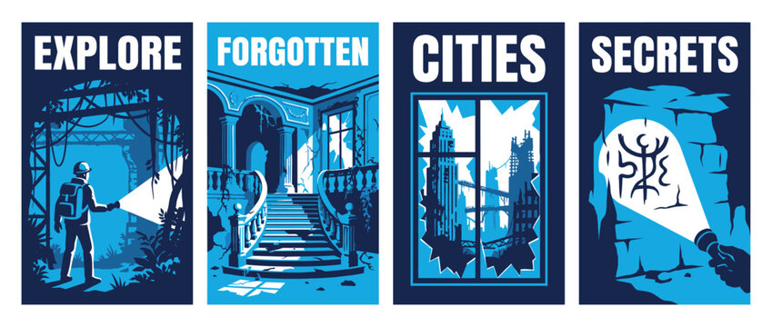 Urban exploration icons set. Explore forgotten cities secrets. Man with flashlight. Abandoned building. Broken window. Cave symbols. Flat and line style