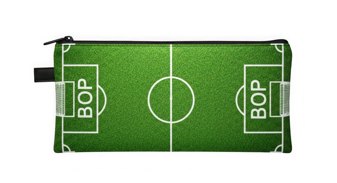 Green soccer field pitch print pencil case with zipper pouch bag mockup