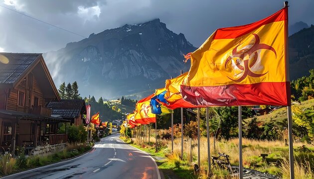 Buddhist prayer flags on mountain road.