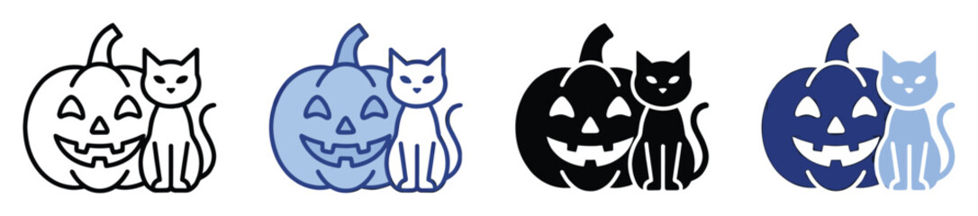 Fototapeta premium Set of Halloween icons. Pumpkin and cat symbol, jackolantern graphic. Outline and solid style holiday seasonal celebration pictogram.