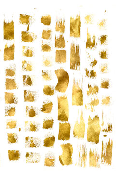 Golden strokes, brush strokes, brush. Gold sparkle splatter border golden luxury abstract Gold Foil. Set Gold stroke PNG. Watercolor gold. Golden foil pieces flake. Old gold texture.