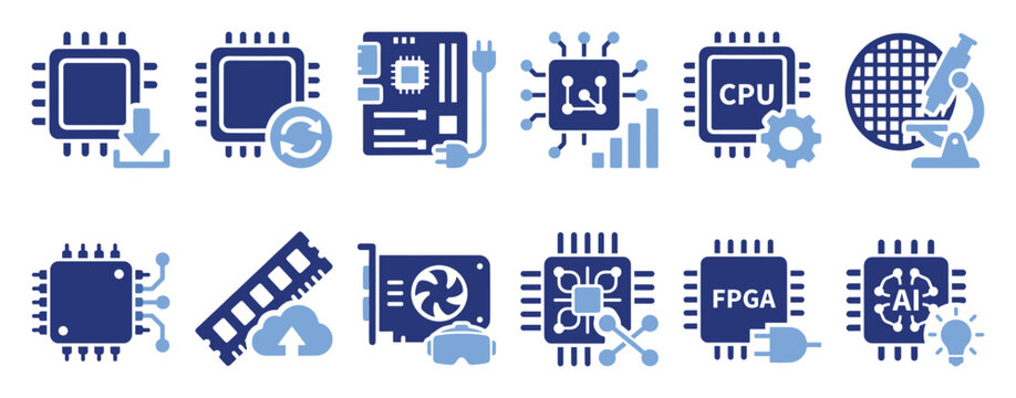 Set of computer hardware icons. Microchip, processor, semiconductor, motherboard, CPU, GPU, RAM, FPGA, AI symbols. Technology, data, computing, research, development pictogram collection.