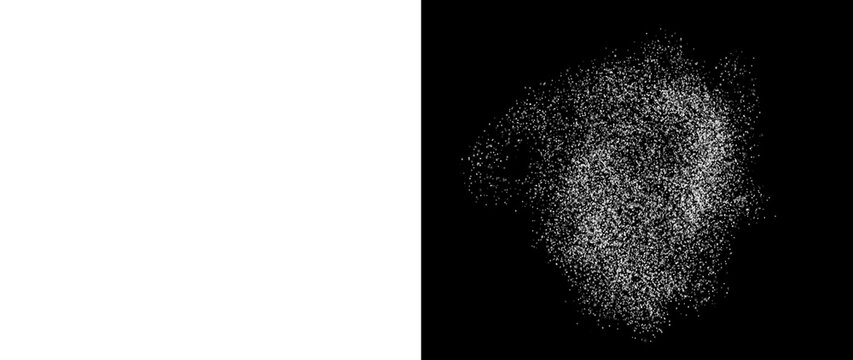 Abstract white dust particles on black background, grainy powder explosion texture, cosmic stardust effect for overlay and design