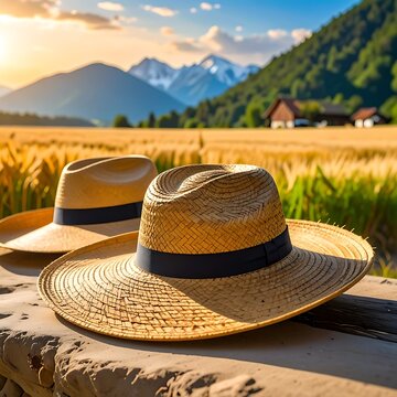 Straw hats on wooden fence post.