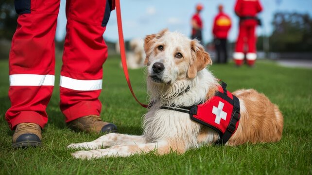 A rescue dog in a harness rests on grass, while its handler stands nearby in red gear, showcasing the bond between humans and their canine companions.