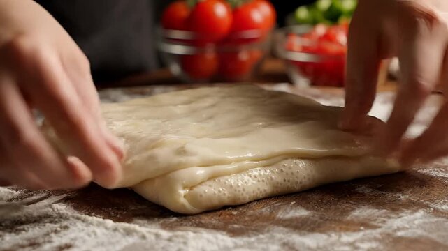 Hands Kneading Pizza Dough on a Floured Surface.