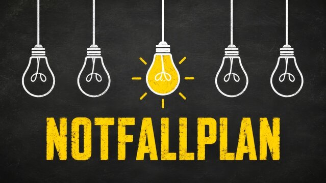 A graphic featuring the phrase "NOTFALLPLAN" with a bright yellow light bulb illuminated among several unlit bulbs on a dark background.