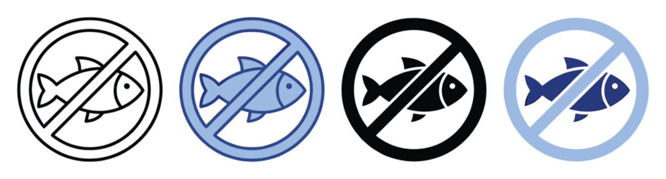 Set of no fish icons. Forbidden fish, fish allergy, no fishing symbol. Outline, solid, filled pictogram signs.