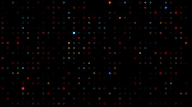 Abstract dynamic grid of colorful twinkling dots on a black background featuring flickering multi-colored circles in a structured pattern for digital motion graphics and video