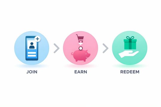 Simple three-step process icons for join earn redeem loyalty program